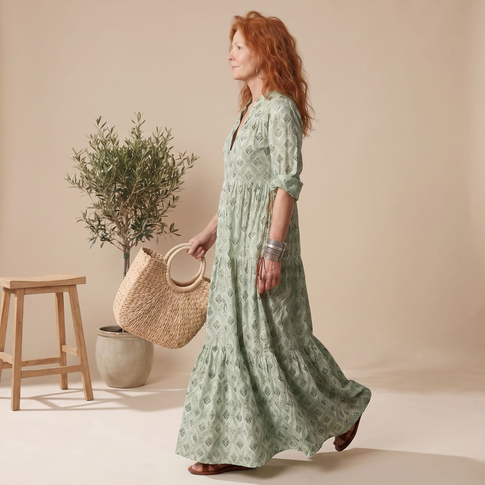 Women's Relaxed-Fit Notch-Neck Long Sleeve Maxi Dress