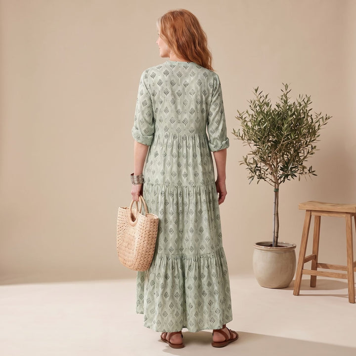 Women's Relaxed-Fit Notch-Neck Long Sleeve Maxi Dress