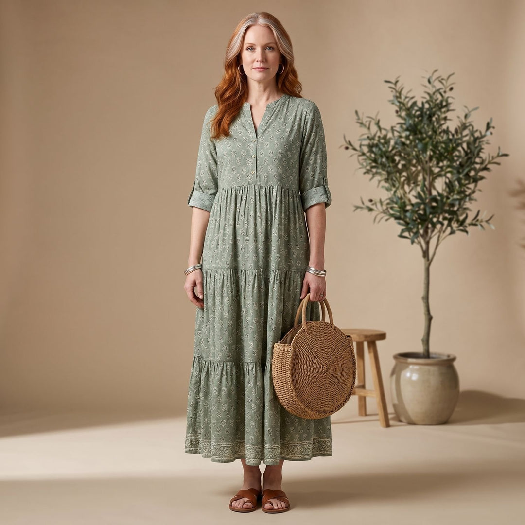 Women's Relaxed-Fit Notch-Neck Long Sleeve Maxi Dress