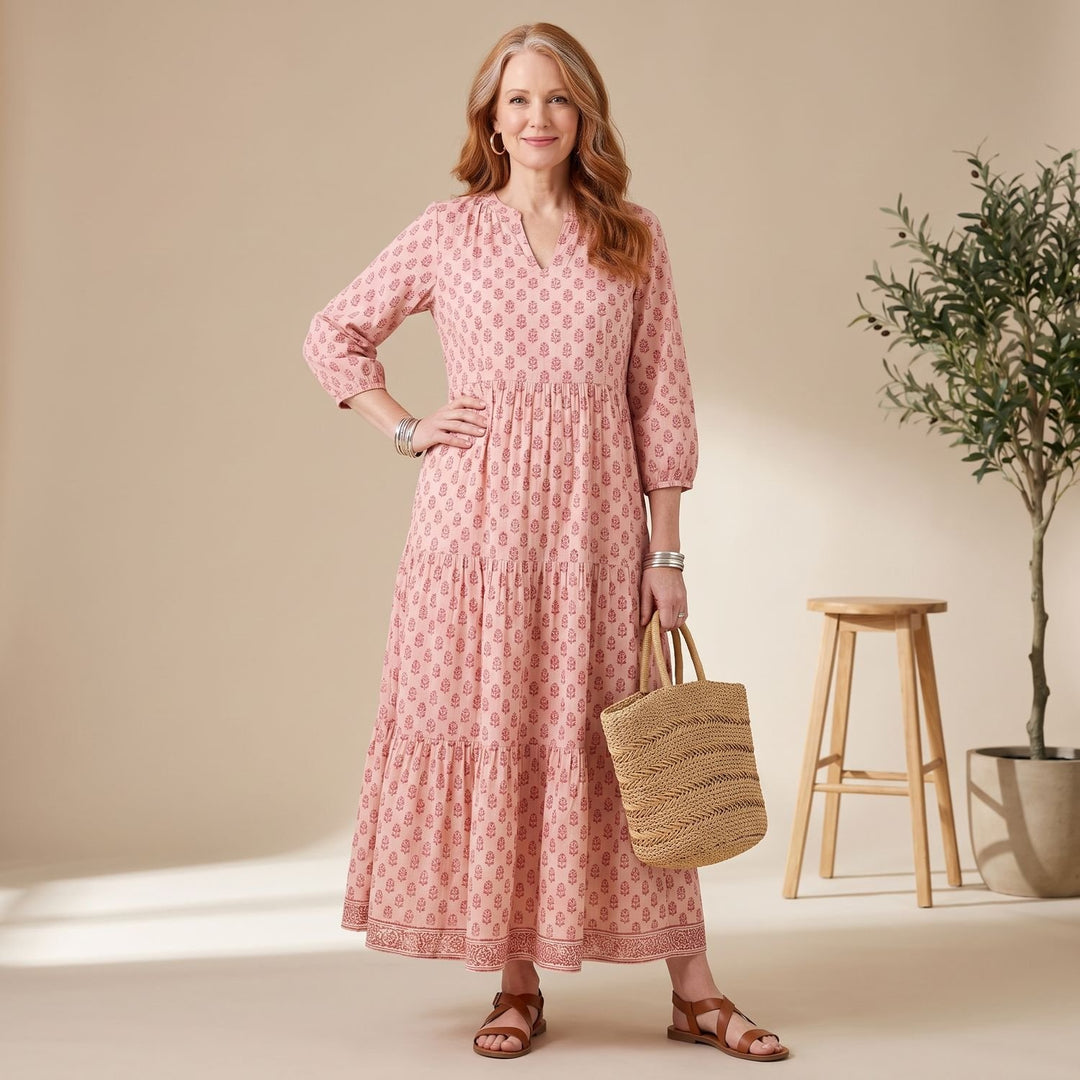 Women's Relaxed-Fit Notch-Neck Long Sleeve Maxi Dress - Pink