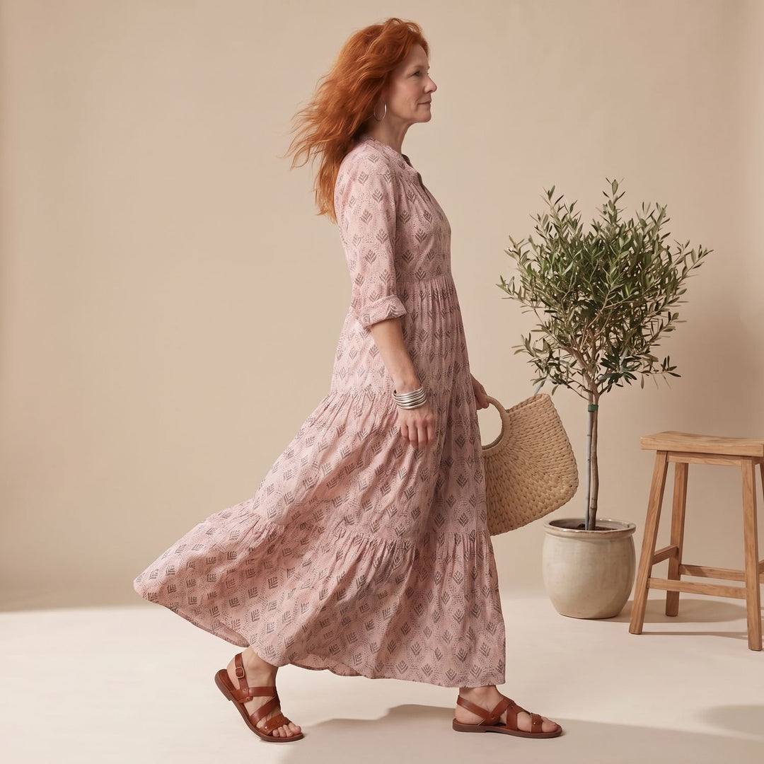 Women's Relaxed-Fit Notch-Neck Long Sleeve Maxi Dress