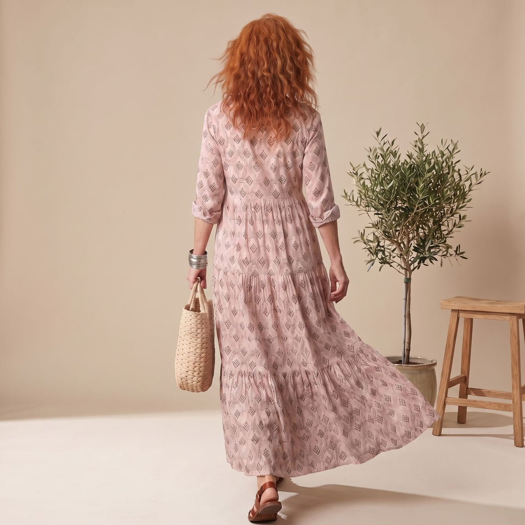 Women's Relaxed-Fit Notch-Neck Long Sleeve Maxi Dress