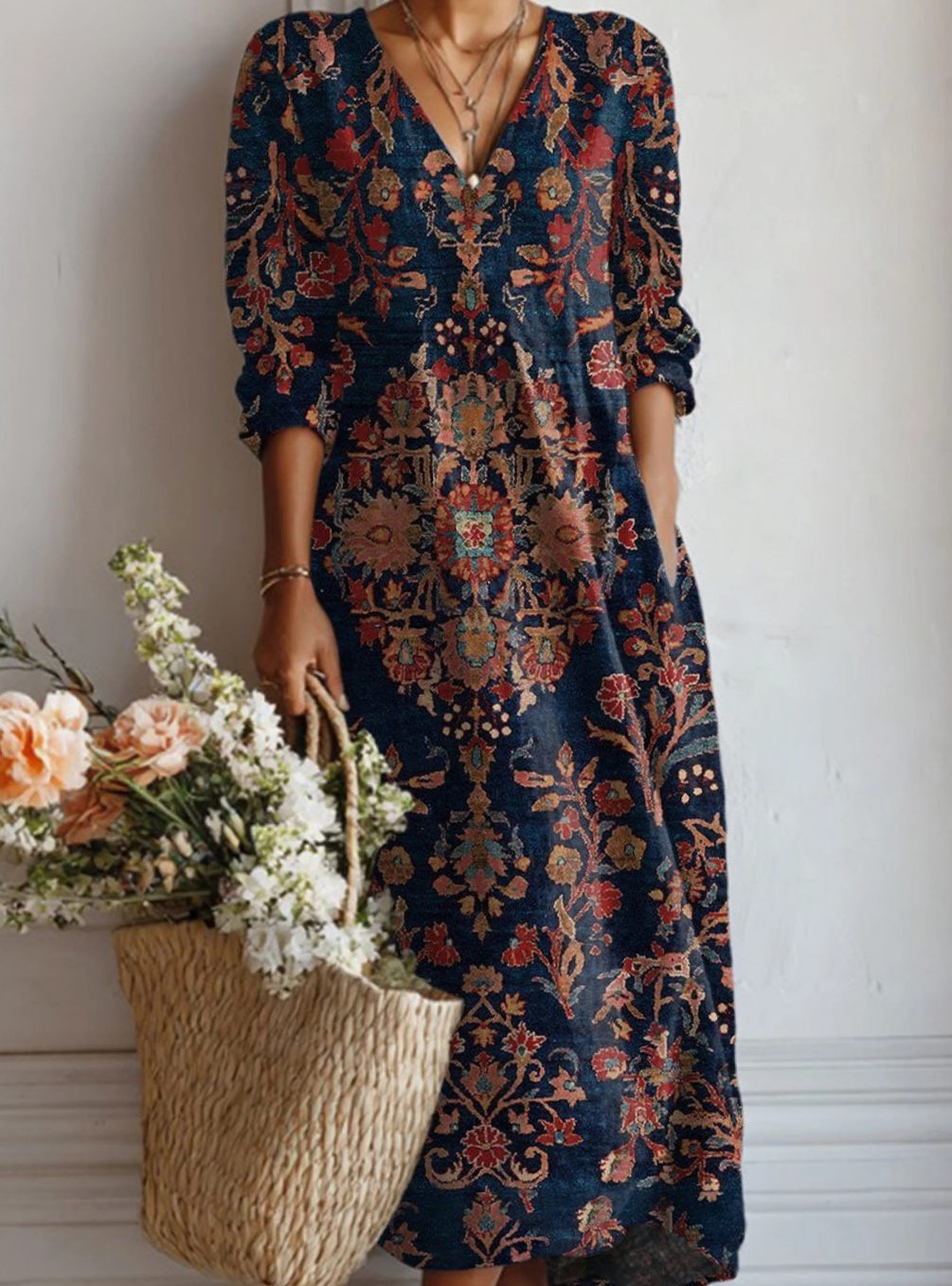 Women's Relaxed-Fit Retro Floral Long Sleeve Dress Pockets - Multicolor