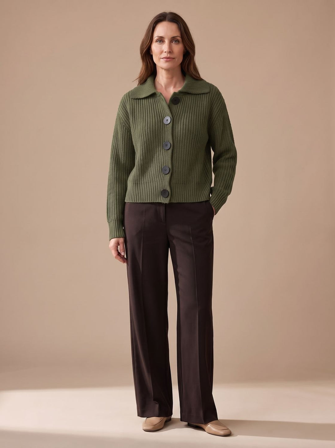 Women's Relaxed-Fit Ribbed Knit Folded-Collar Pullover Sweater - Fern Green