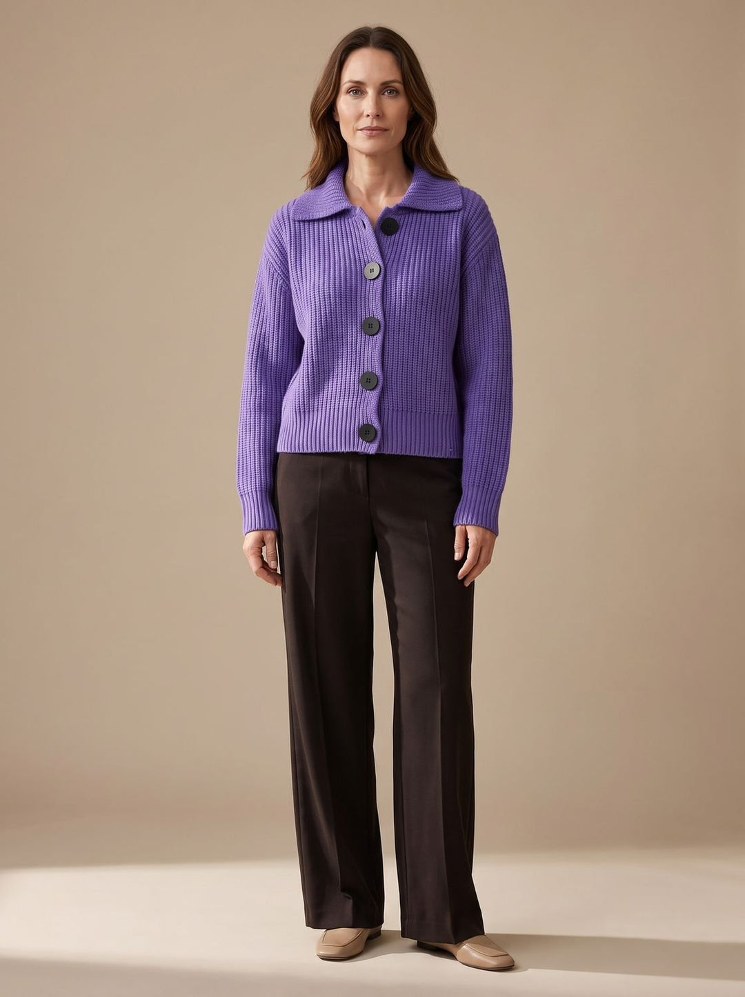 Women's Relaxed-Fit Ribbed Knit Folded-Collar Pullover Sweater - Purple