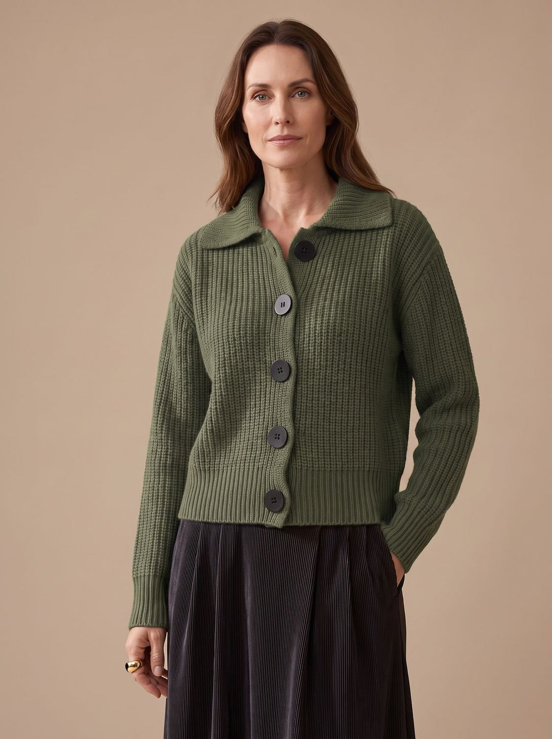 Women's Relaxed-Fit Ribbed Knit Folded-Collar Pullover Sweater