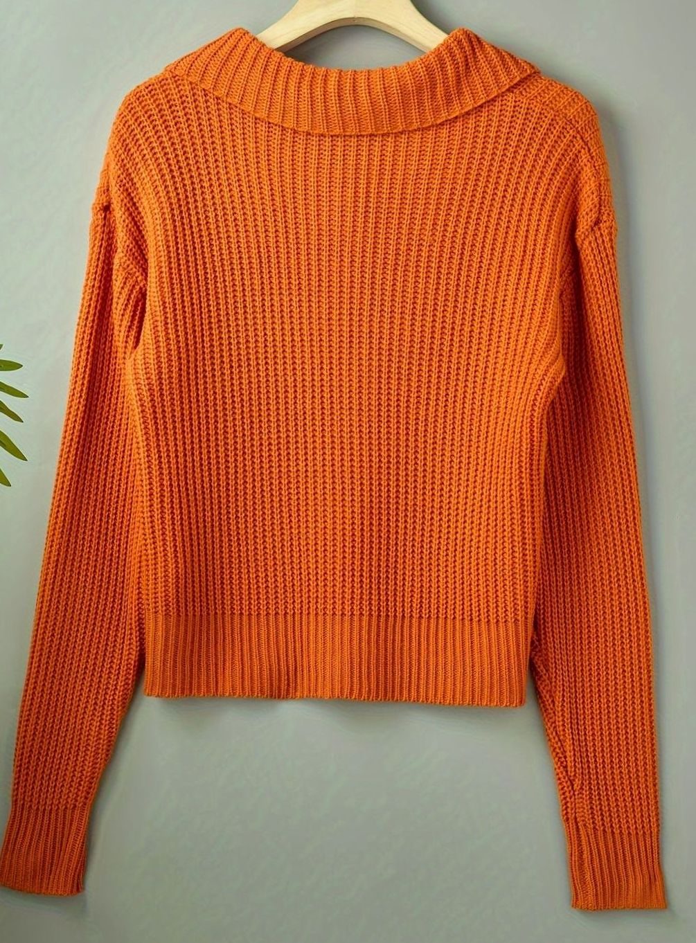 Women's Relaxed-Fit Ribbed Knit Sweater Folded Collar - Orange-Red