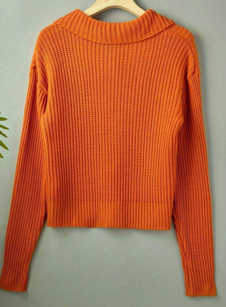 Women's Relaxed-Fit Ribbed Knit Sweater Folded Collar - Orange-Red