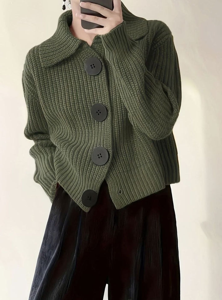 Women's Relaxed-Fit Ribbed Knit Sweater Folded Collar - Fern Green