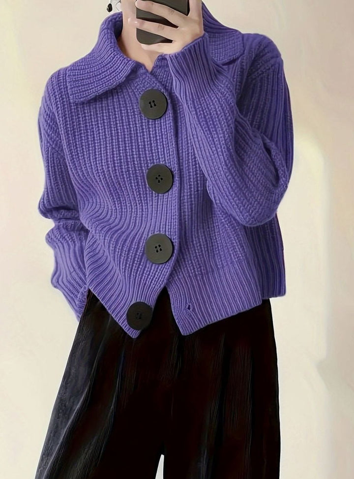 Women's Relaxed-Fit Ribbed Knit Sweater Folded Collar - Purple