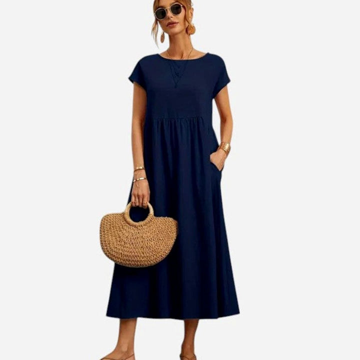 Women's Relaxed-Fit Round-Neck Short-Sleeve Midi Sundress Pockets - Dark Blue