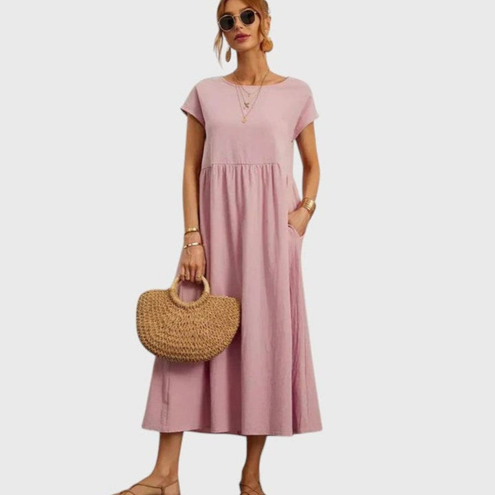 Women's Relaxed-Fit Round-Neck Short-Sleeve Midi Sundress Pockets - Rose