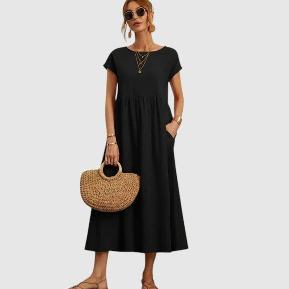 Women's Relaxed-Fit Round-Neck Short-Sleeve Midi Sundress Pockets - Black