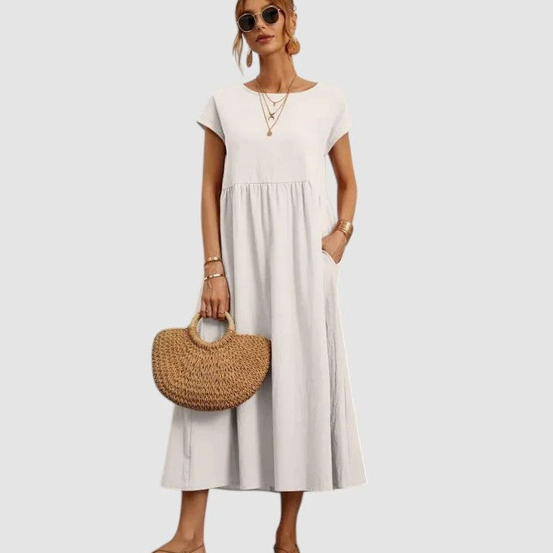 Women's Relaxed-Fit Round-Neck Short-Sleeve Midi Sundress Pockets - White