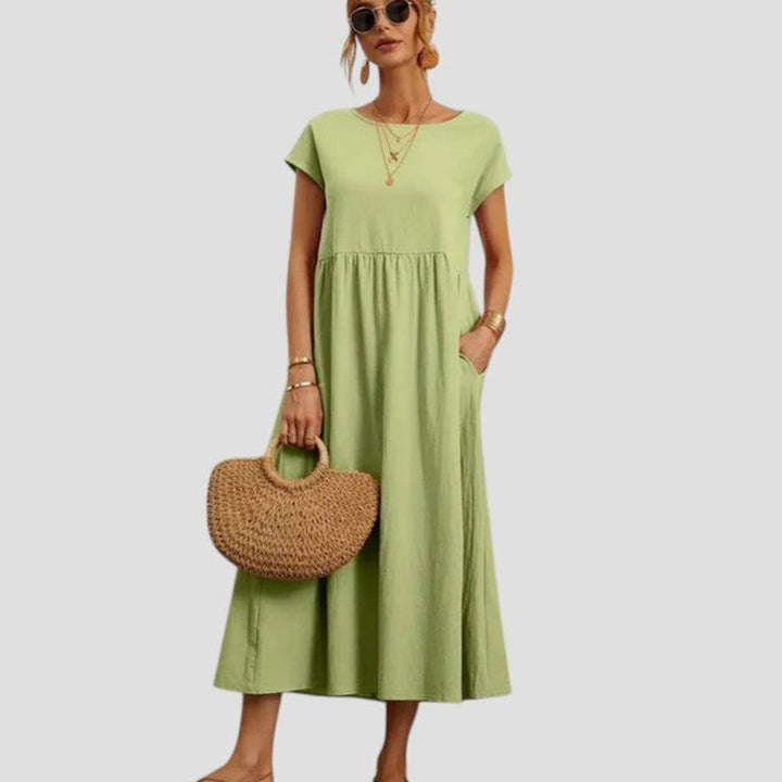 Women's Relaxed-Fit Round-Neck Short-Sleeve Midi Sundress Pockets - Light Green