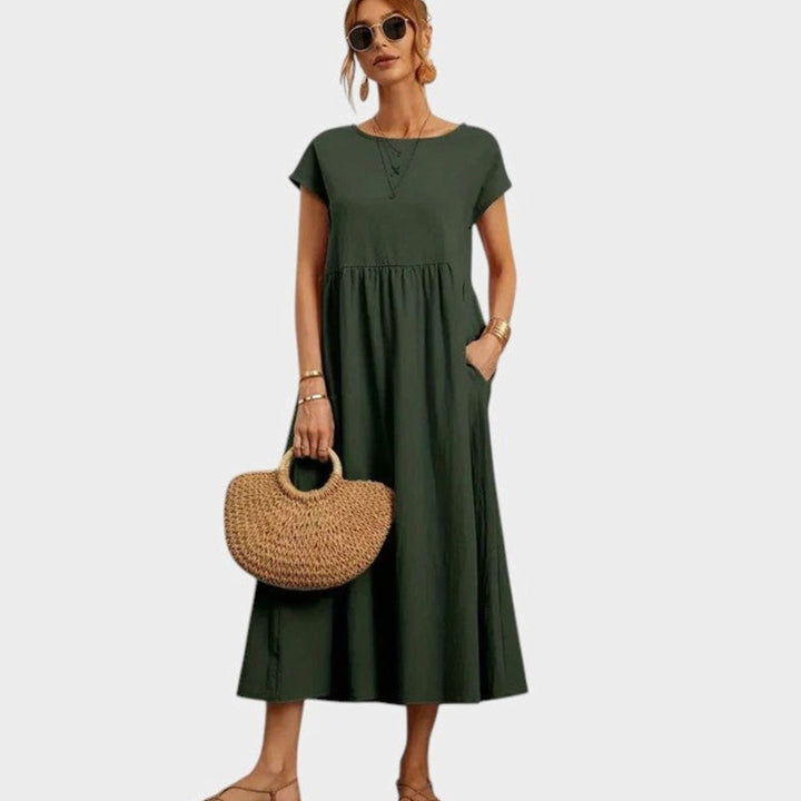 Women's Relaxed-Fit Round-Neck Short-Sleeve Midi Sundress Pockets - Dark Green
