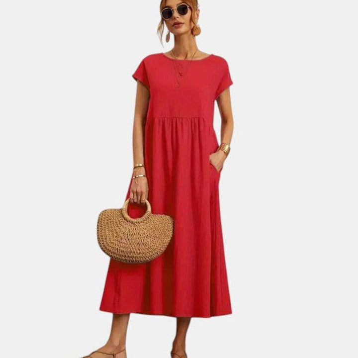 Women's Relaxed-Fit Round-Neck Short-Sleeve Midi Sundress Pockets - Red