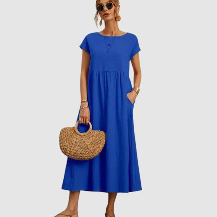 Women's Relaxed-Fit Round-Neck Short-Sleeve Midi Sundress Pockets - Blue