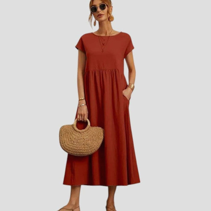 Women's Relaxed-Fit Round-Neck Short-Sleeve Midi Sundress Pockets - Rust