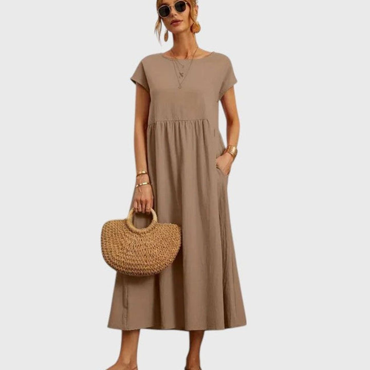 Women's Relaxed-Fit Round-Neck Short-Sleeve Midi Sundress Pockets - Khaki
