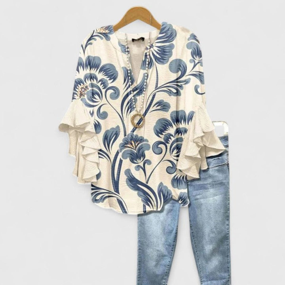 Women's Relaxed-Fit Ruffle-Sleeve V-Neck Floral Blouse - White Blue