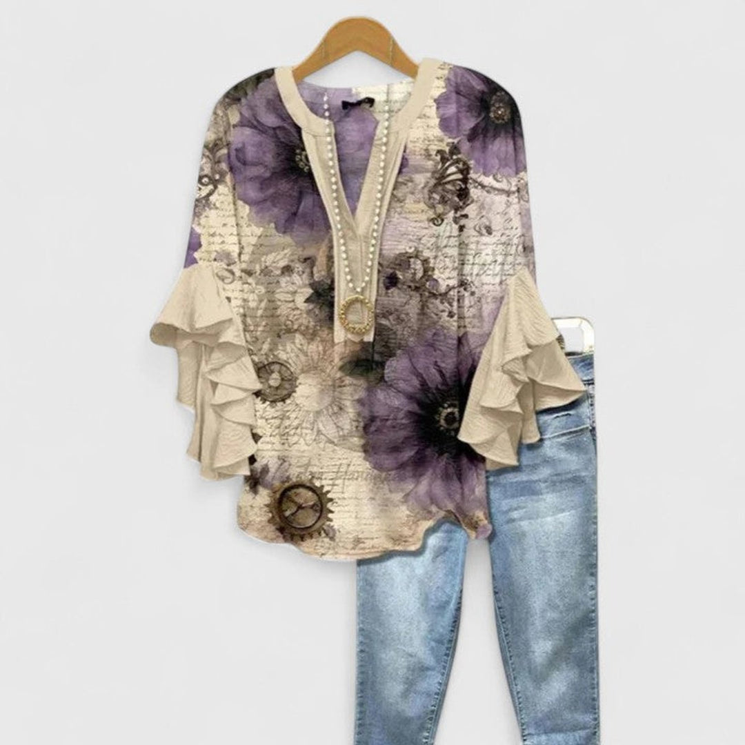 Women's Relaxed-Fit Ruffle-Sleeve V-Neck Floral Blouse - Beige