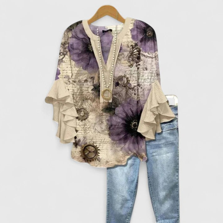 Women's Relaxed-Fit Ruffle-Sleeve V-Neck Floral Blouse - Beige