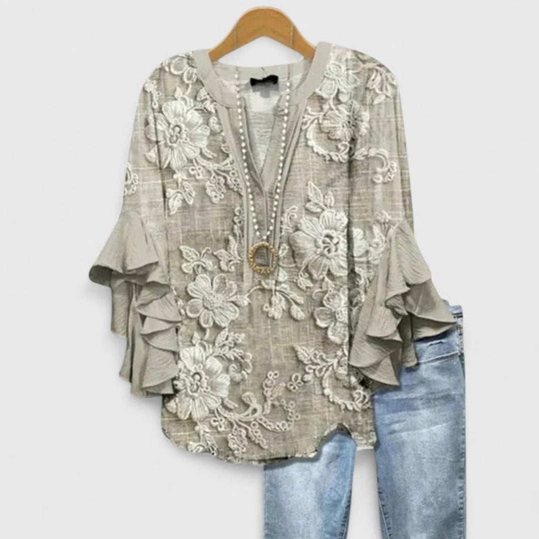 Women's Relaxed-Fit Ruffle-Sleeve V-Neck Floral Blouse - Light Brown
