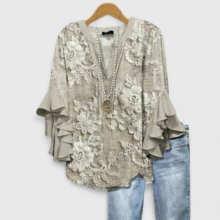 Women's Relaxed-Fit Ruffle-Sleeve V-Neck Floral Blouse - Light Brown