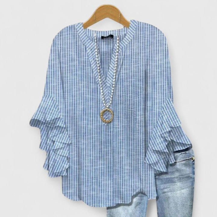 Women's Relaxed-Fit Ruffle-Sleeve V-Neck Floral Blouse - Blue