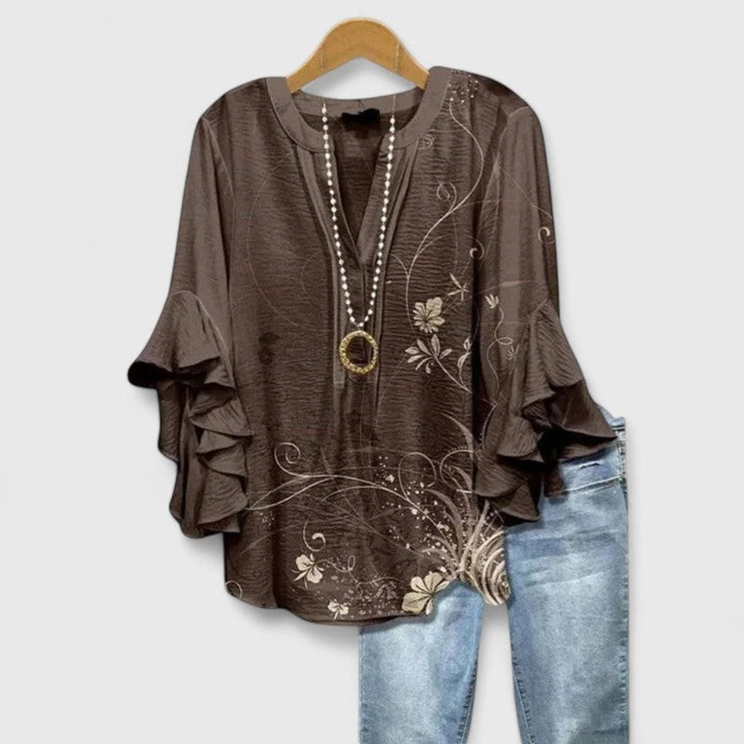 Women's Relaxed-Fit Ruffle-Sleeve V-Neck Floral Blouse - Brown