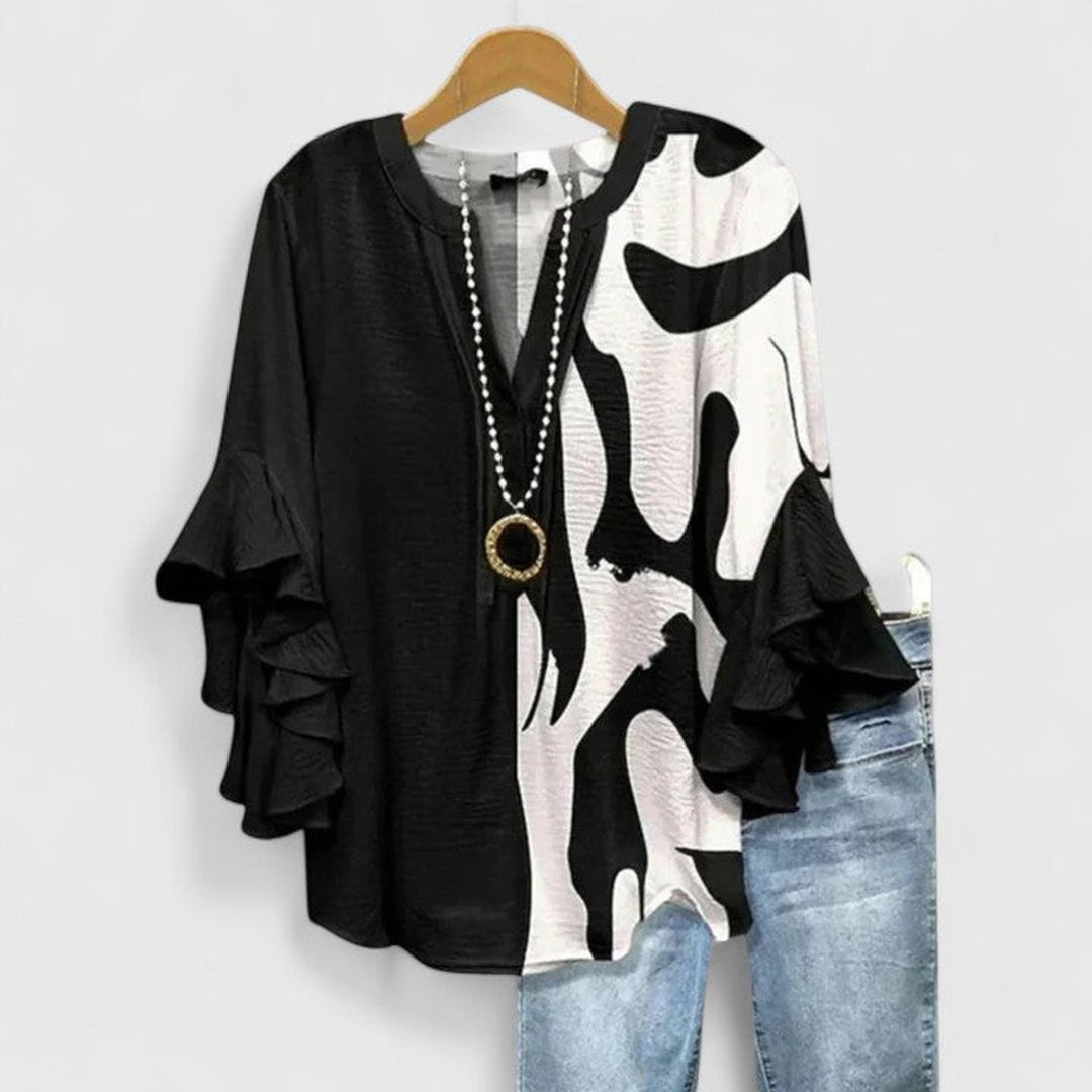 Women's Relaxed-Fit Ruffle-Sleeve V-Neck Floral Blouse - Black
