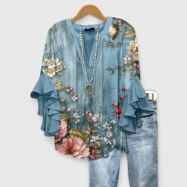 Women's Relaxed-Fit Ruffle-Sleeve V-Neck Floral Blouse - Floral Blue