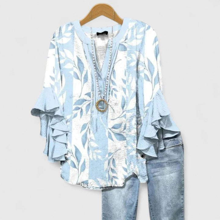 Women's Relaxed-Fit Ruffle-Sleeve V-Neck Floral Blouse - Light Blue