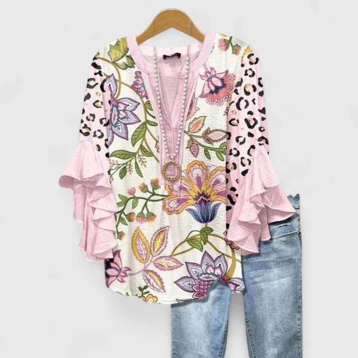 Women's Relaxed-Fit Ruffle-Sleeve V-Neck Floral Blouse - Pink