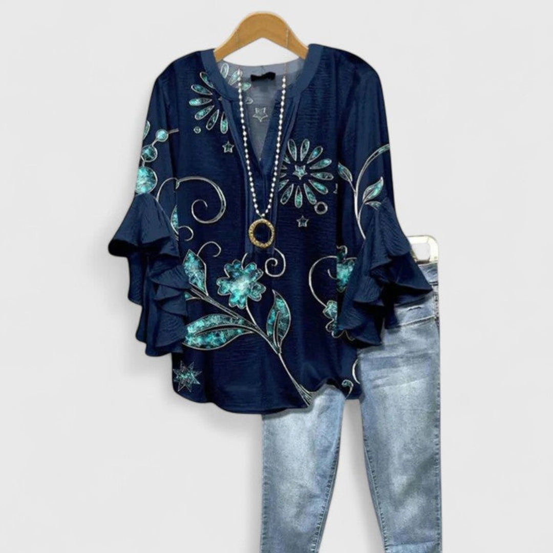Women's Relaxed-Fit Ruffle-Sleeve V-Neck Floral Blouse - Dark Blue