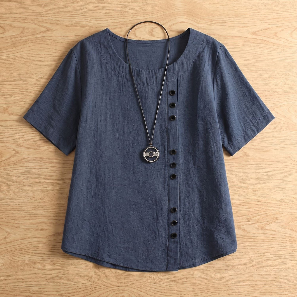 Women's Relaxed-Fit Short-Sleeve Button-Accent Linen Blouse - Navy Blue