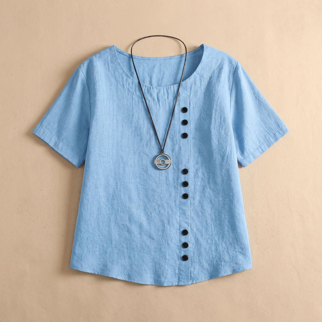 Women's Relaxed-Fit Short-Sleeve Button-Accent Linen Blouse - Light Blue