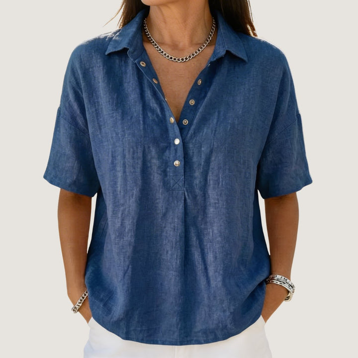 Women's Relaxed-Fit Short-Sleeve Collared Snap-Button Linen Shirt