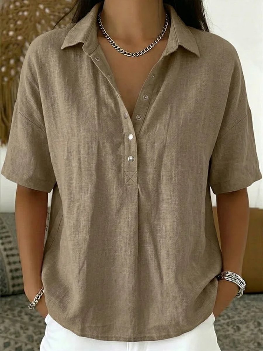 Women's Relaxed-Fit Short-Sleeve Collared Snap-Button Linen Shirt - Khaki