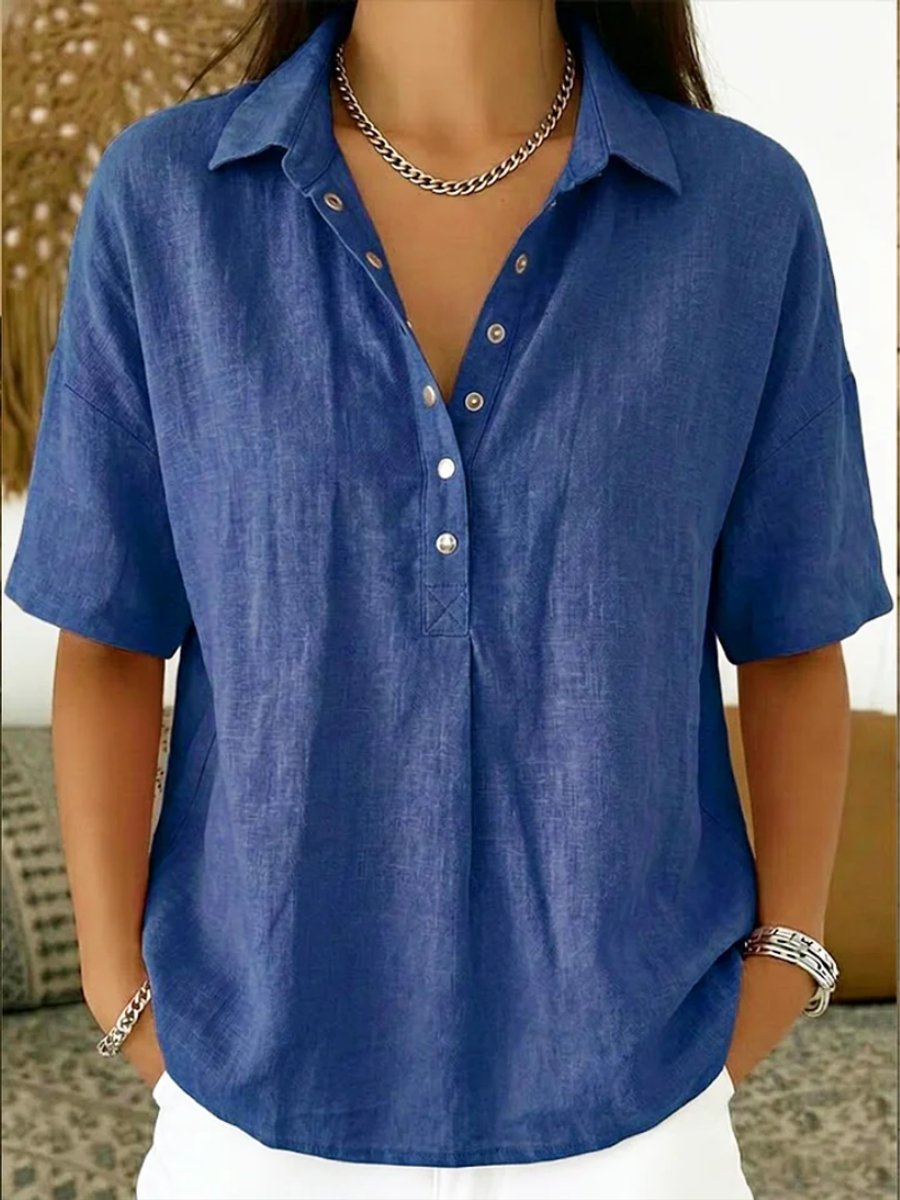 Women's Relaxed-Fit Short-Sleeve Collared Snap-Button Linen Shirt - Blue