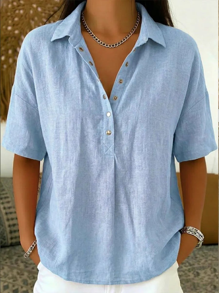 Women's Relaxed-Fit Short-Sleeve Collared Snap-Button Linen Shirt - Light Blue
