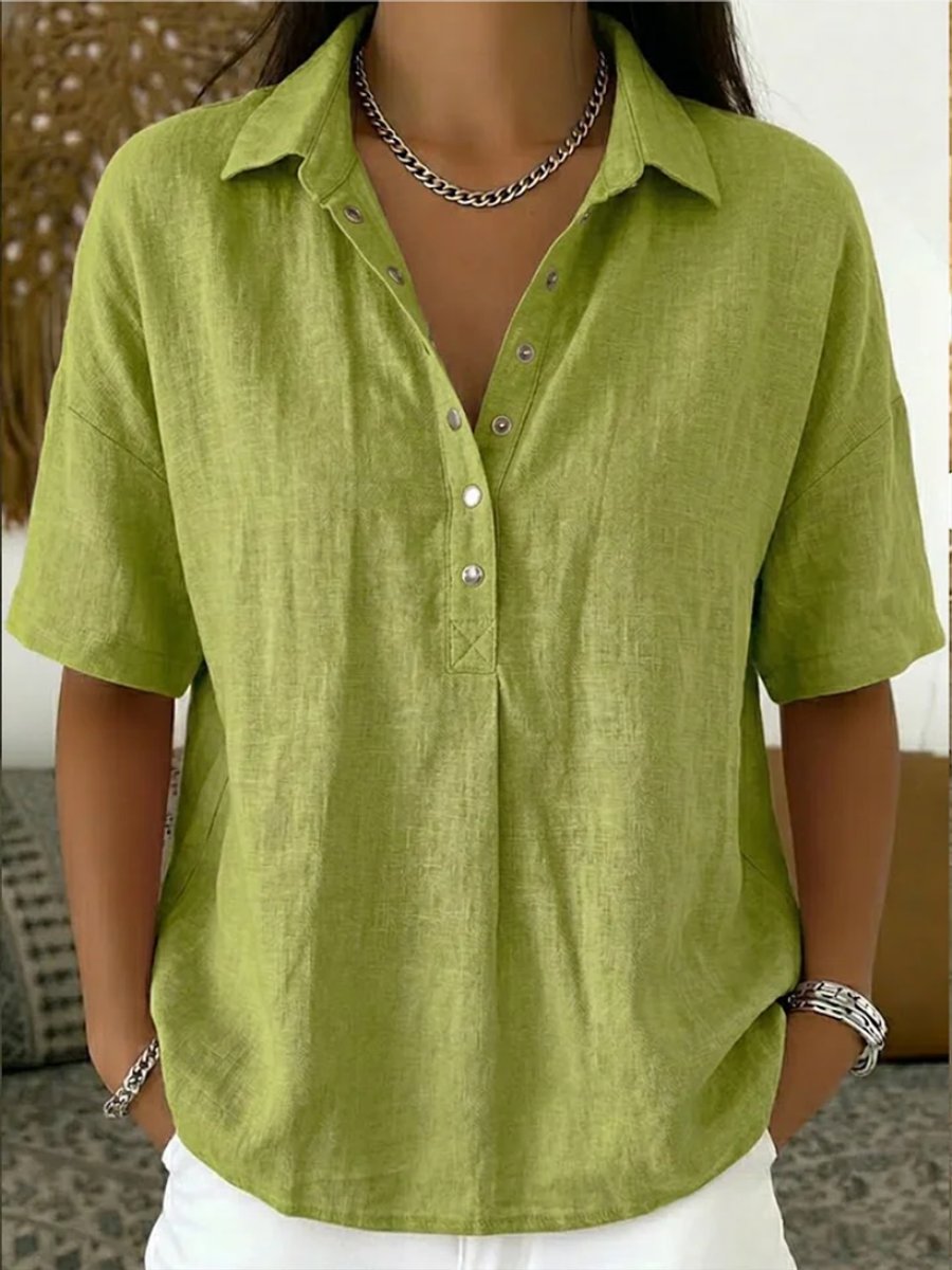 Women's Relaxed-Fit Short-Sleeve Collared Snap-Button Linen Shirt - Green