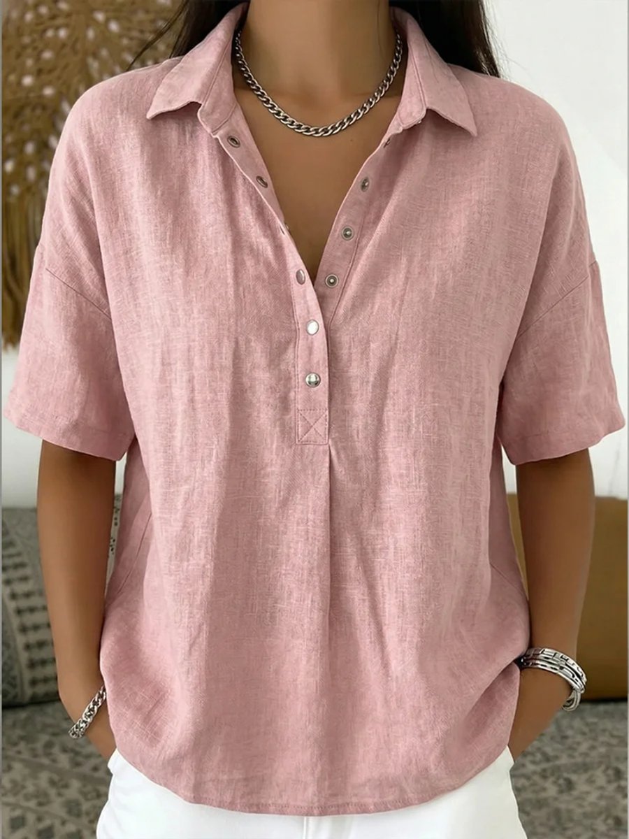 Women's Relaxed-Fit Short-Sleeve Collared Snap-Button Linen Shirt - Pink