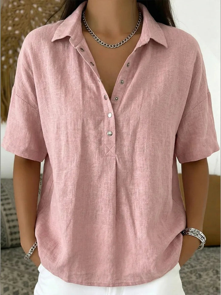 Women's Relaxed-Fit Short-Sleeve Collared Snap-Button Linen Shirt - Pink