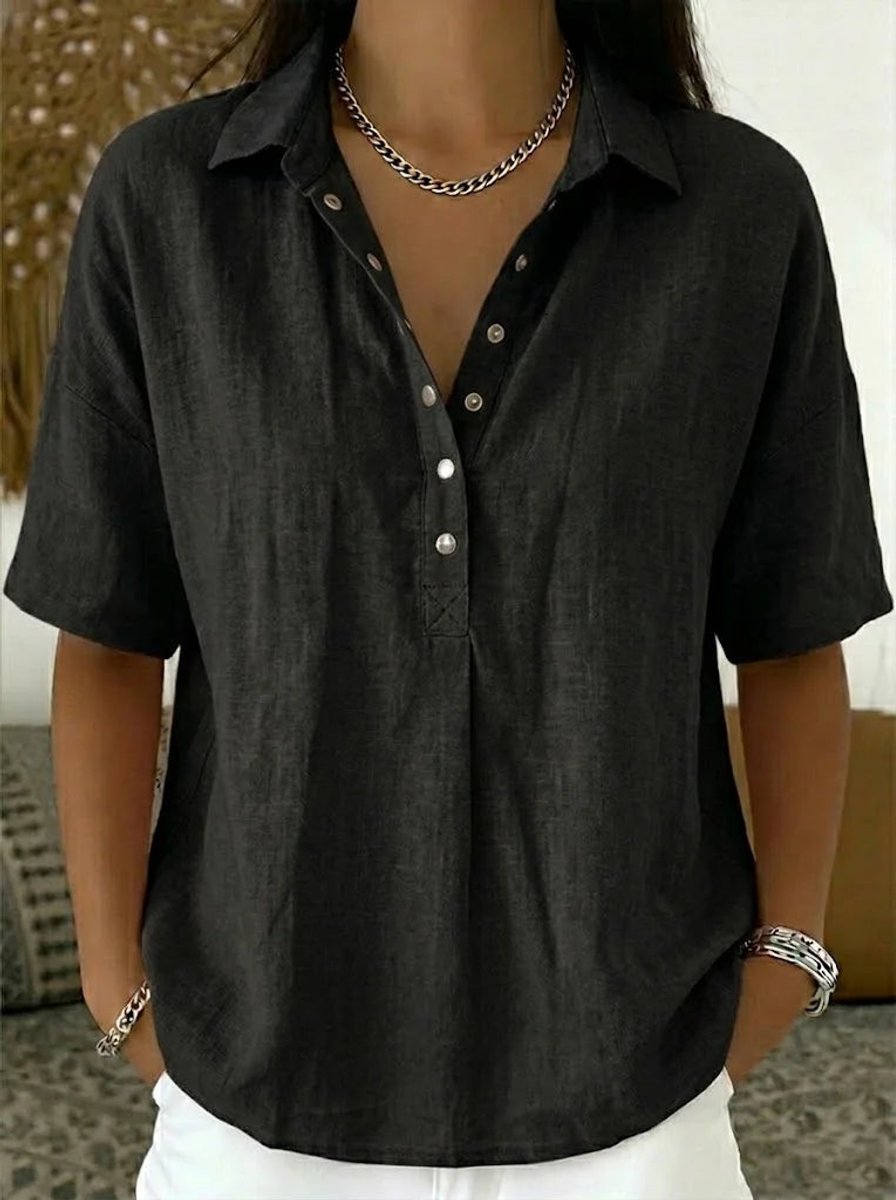 Women's Relaxed-Fit Short-Sleeve Collared Snap-Button Linen Shirt - Black
