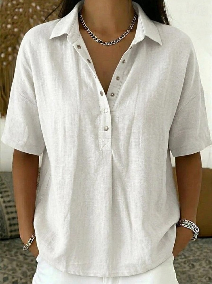 Women's Relaxed-Fit Short-Sleeve Collared Snap-Button Linen Shirt - White
