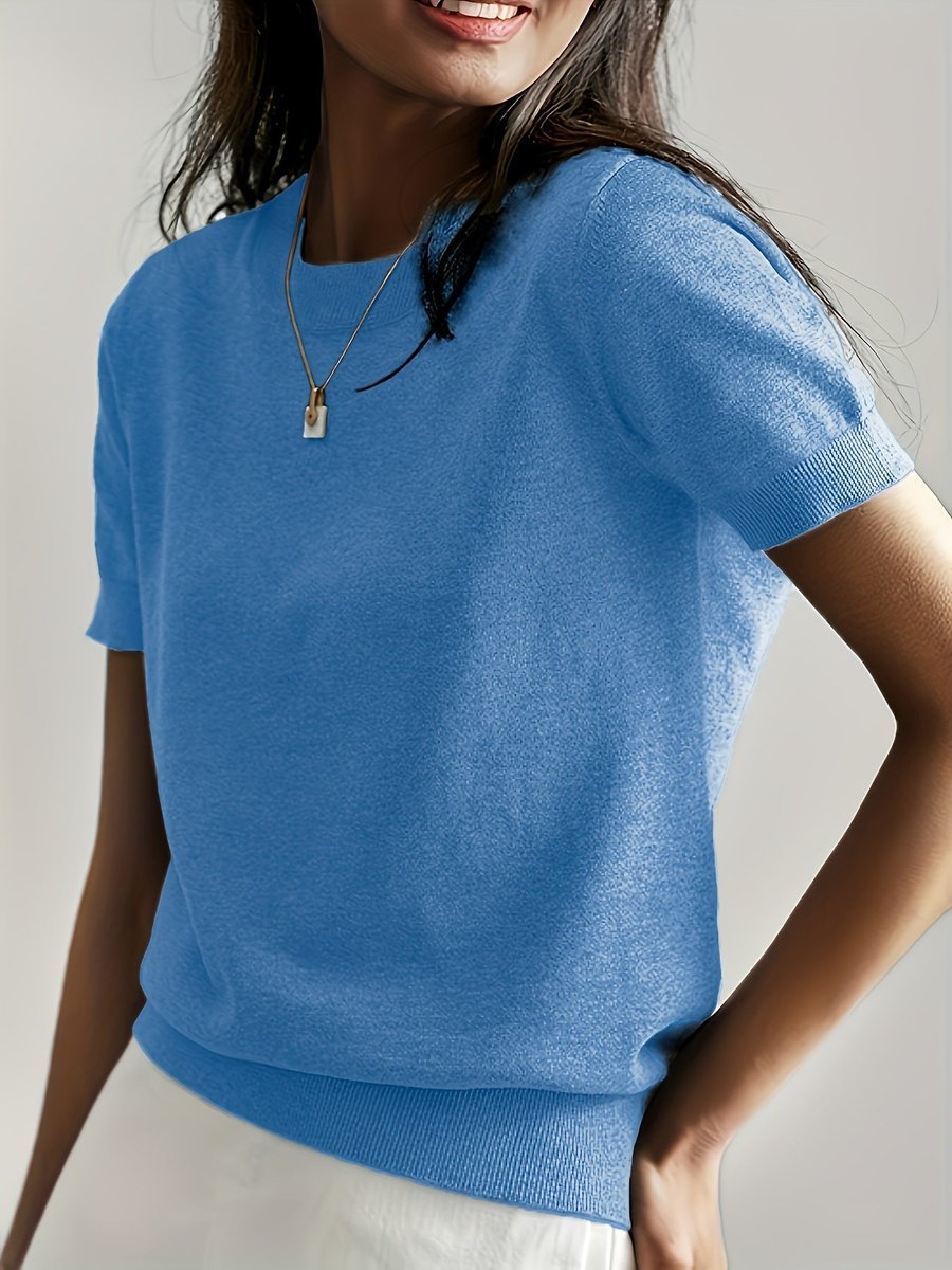 Women's Relaxed-Fit Short-Sleeve Crewneck Knit Sweater Top - Blue