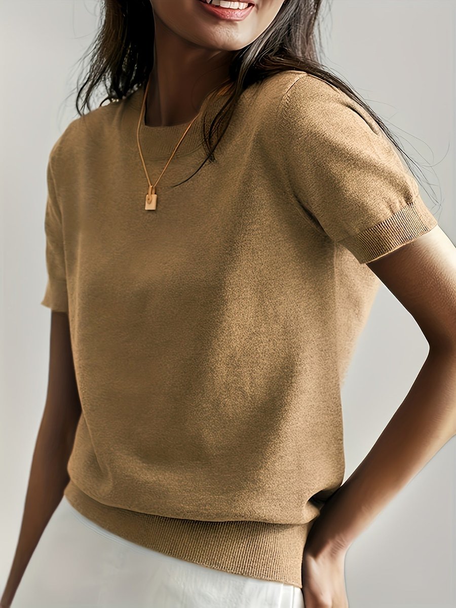 Women's Relaxed-Fit Short-Sleeve Crewneck Knit Sweater Top - Earth Gold
