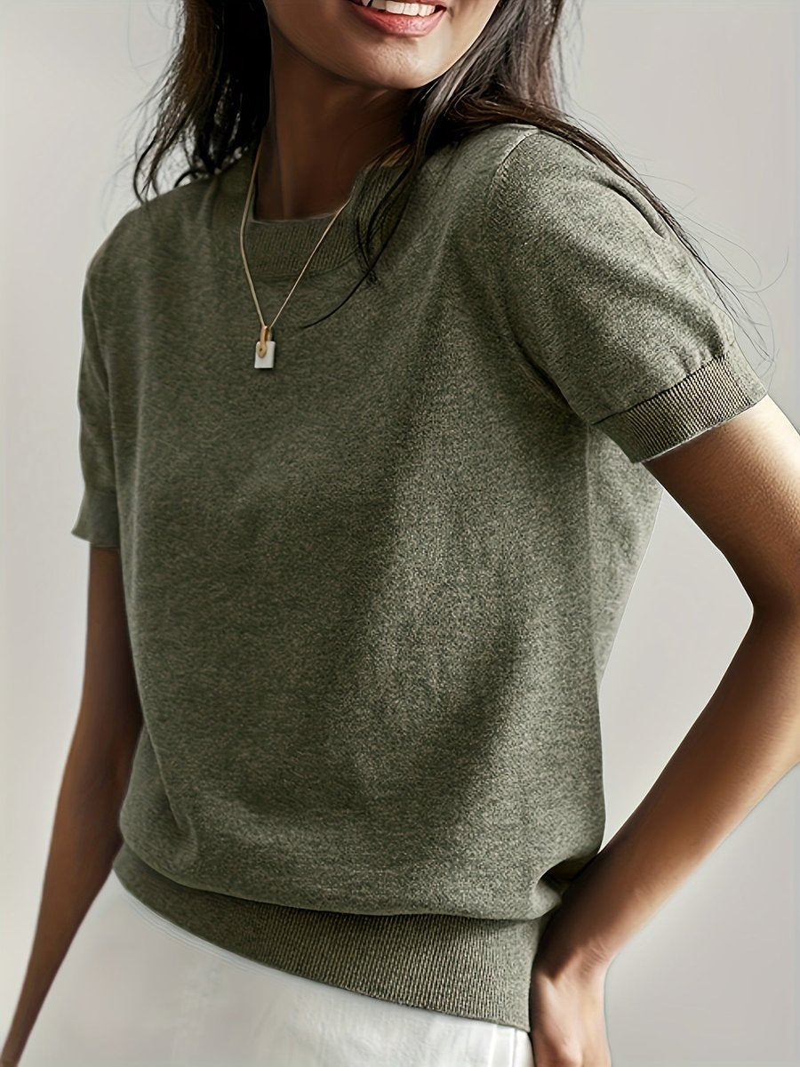 Women's Relaxed-Fit Short-Sleeve Crewneck Knit Sweater Top - Olive